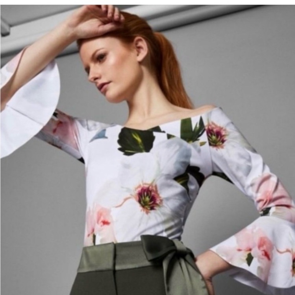 Ted Baker London Velieta Chatsworth Bloom Floral Off-Shoulder Bell Sleeve Top